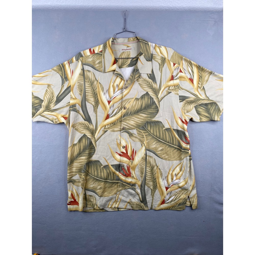 Tommy Bahama Mens XL Silk Tropical Bird of Paradise Palm Leaf Camp Shirt Beige